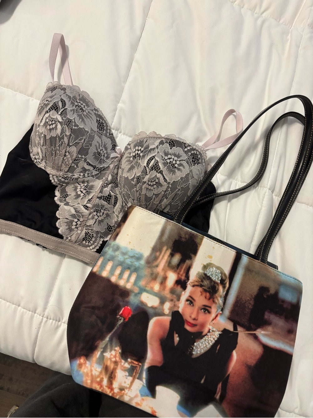 Lace-Trim Longline Bralette in Black and Light Gray